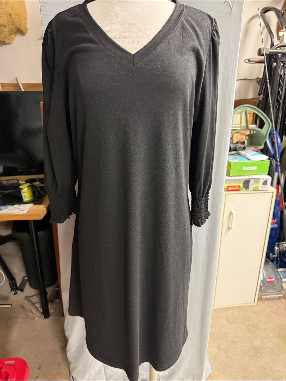 Classic Black V-Neck Midi Dress with Smocked Cuffs